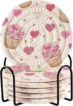 Aflyko Coasters for Drink Pink Silver Donut Heart Coaster Set with Metal Holder Cotton Woven Coaster for Coffee Table Bistro Home Kitchen Island Holiday Housewarming Gift 6 Pack