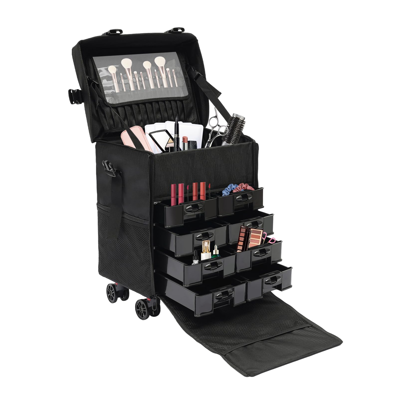 2 in 1 Kosmetikkoffer Trolley, Make up Koffer mit Rädern, Professioneller Schminkkoffer Beauty Case Nageldesign Koffer, Multikoffer Ideal für Reisen, Friseure, Visagisten, Schwarz