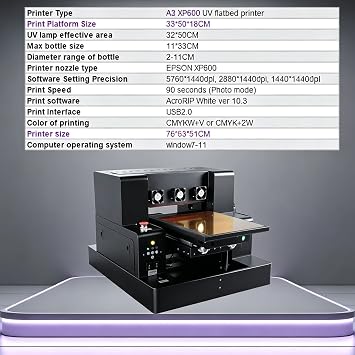 UV Flatbed Printer, A3 XP600 UV Printer with Ink, Higher Resolution 5760 * 1440dpi,UV DTF Printing Machine with Bottle Holder for Phone Case Cups Stickers