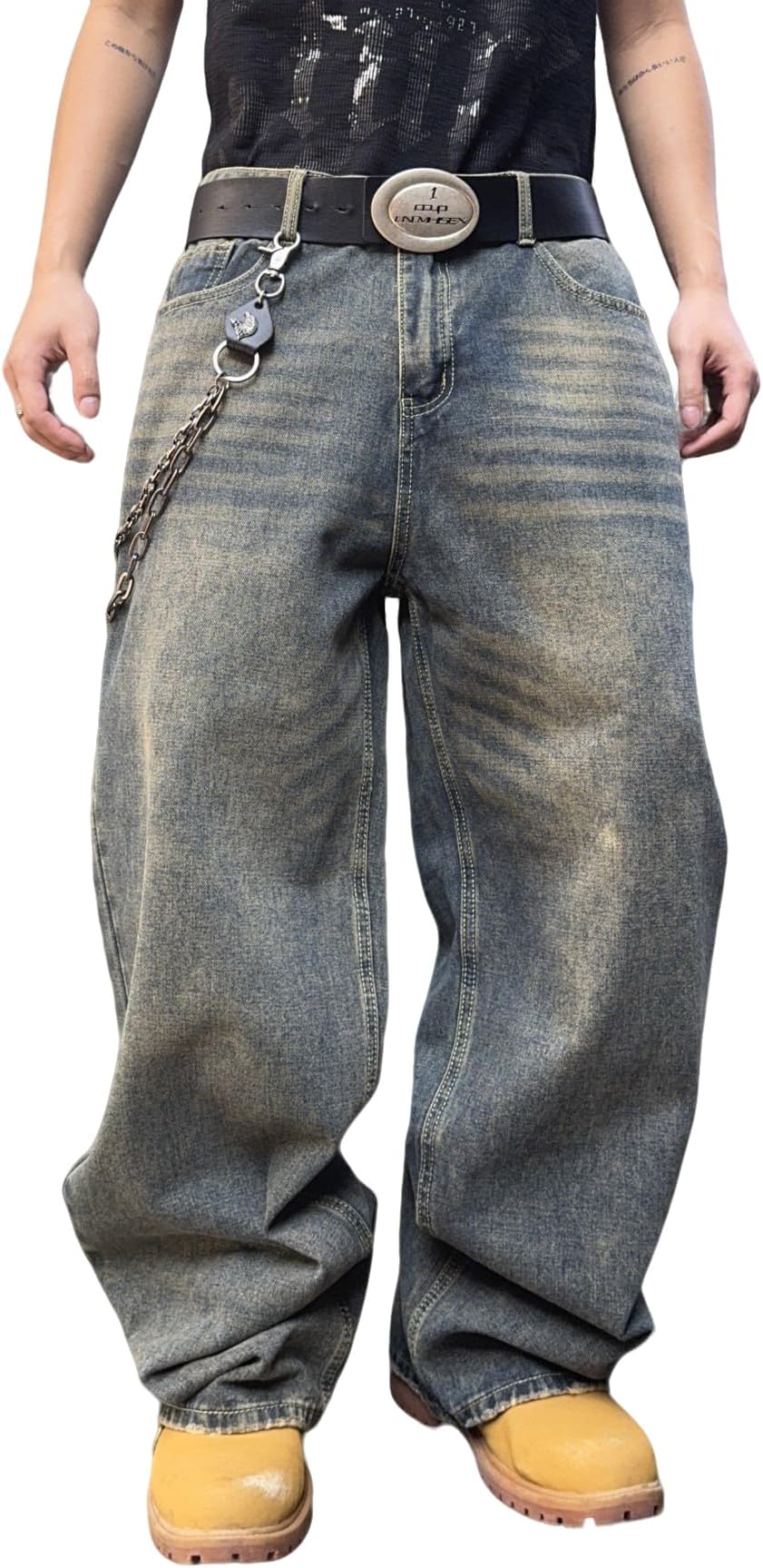 Mens Hip Hop Baggy Jeans Wide Leg Skater Jeans Casual Loose Denim Pants Y2k Skateboard Streetwear