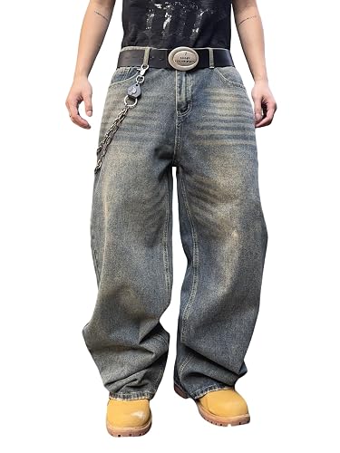 DFGIGT Mens Streetwear Hip Hop Baggy Jeans Wide Leg Skater Denim Pants Loose Long Trousers