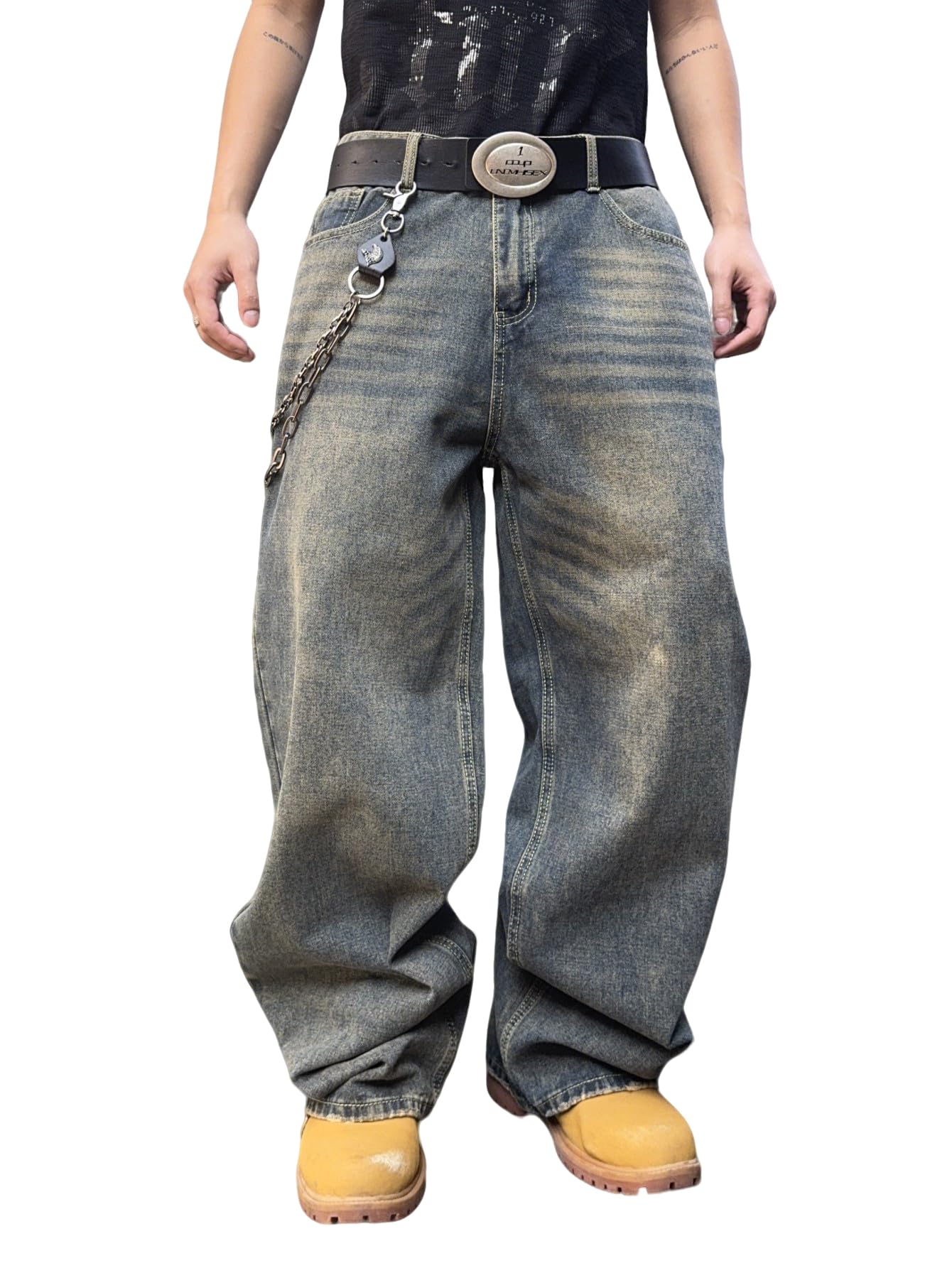 Mens Hip Hop Baggy Jeans Wide Leg Skater Jeans Casual Loose Denim Pants Y2k Skateboard Streetwear