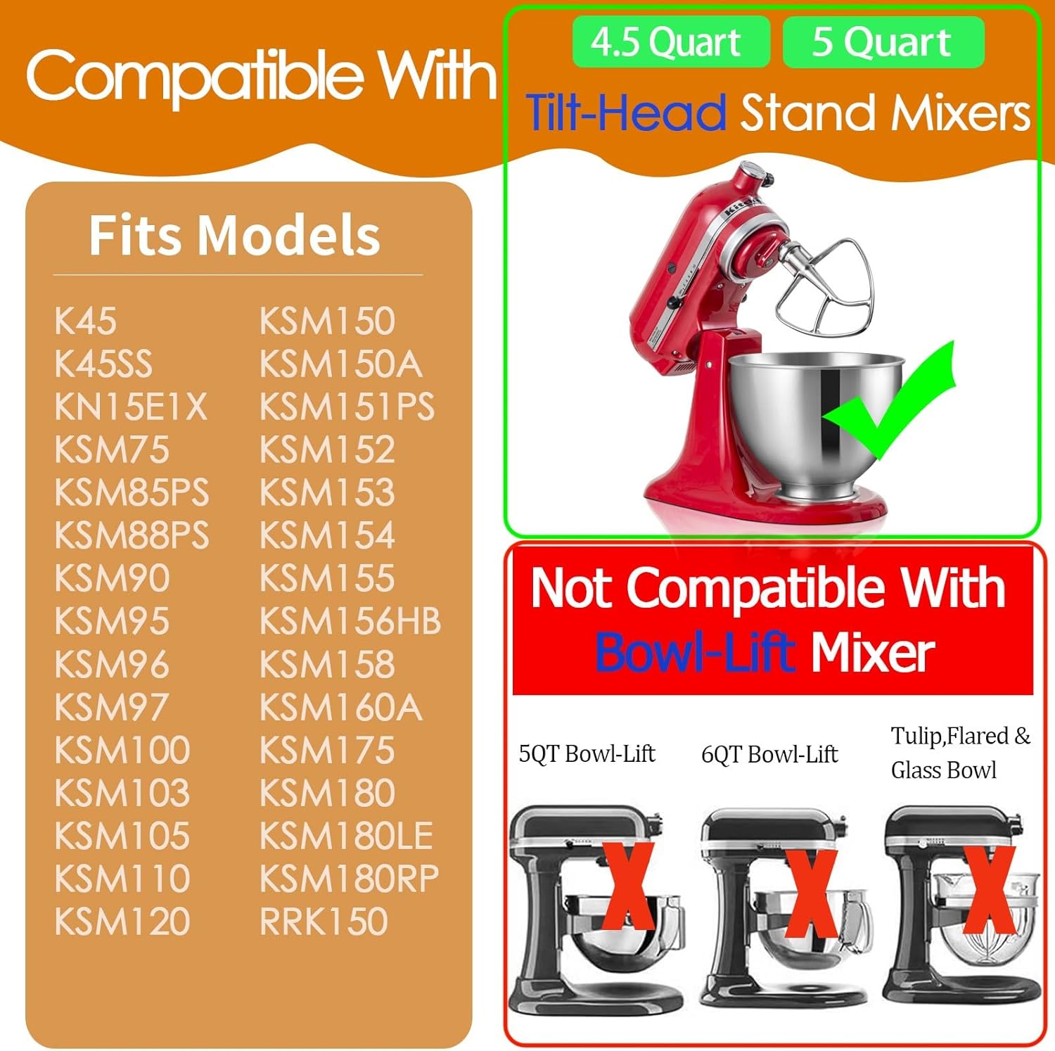 K45B Stainless Steel Flat Beater for Kitchenaid 4.5-5 Quart Tilt Head Stand Mixer, Polished Paddle Attachment for KitchenAid Mixer by ABTER，Dishwasher Safe