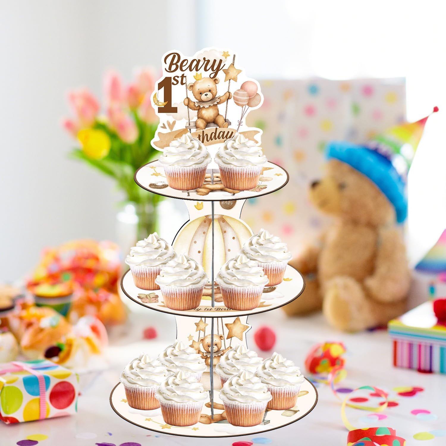 Bear First Birthday Party Decorations - Beary First Birthday Decorations, 3 Tier Brown Bear Cupcake Stand Dessert Holder, Cupcake Topper Baby Shower Party Supplies image 5