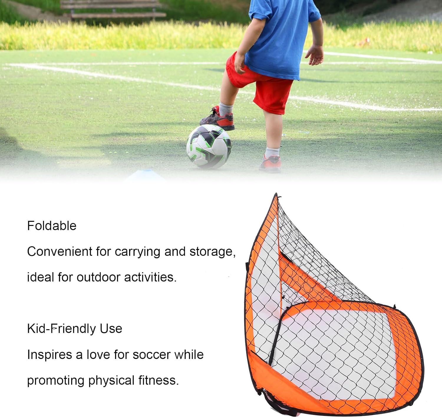 Soccer Goal, Soccer Net with Sturdy Poles & 4 Stainless Steel Ground Pegs, Robust & Abrasion Proof, Oxford Cloth Polyester Foldable Kids Goal for Outdoor Activities