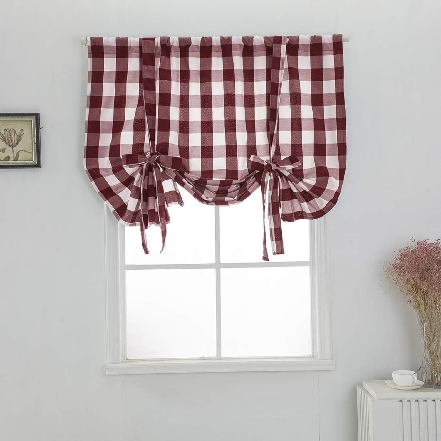 Easnea Buffalo Plaid Tie Up Curtains Farmhouse Curtain Valance Kitchen Window Curtain Shade Gingham Roman Shades Rod Pocket Balloon Kitchen Curtain Panels for Bathroom (Red, M)