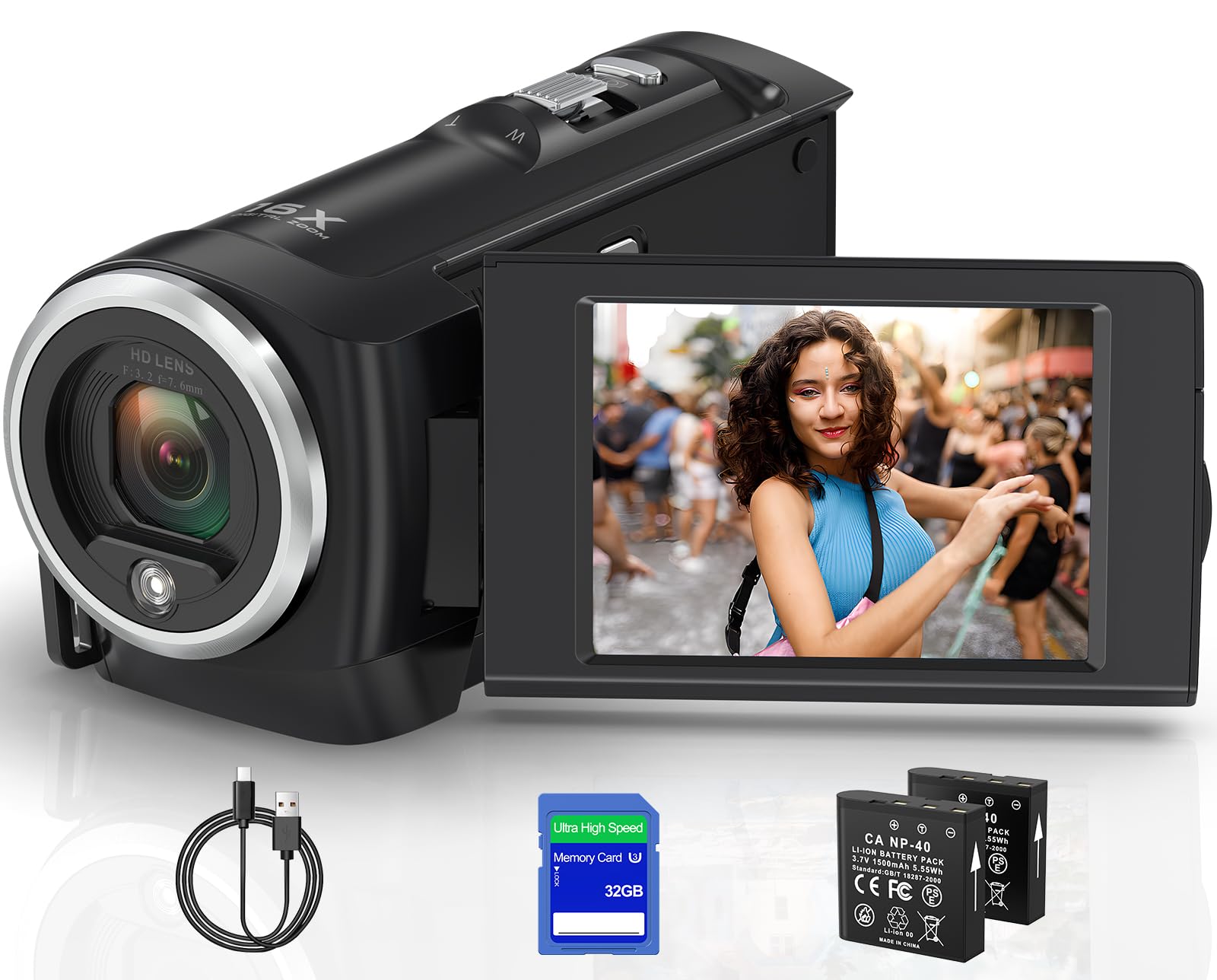 Caméra vidéo 2.7K 56MP avec éclairage LED, Zoom numérique 16X, Écran LCD 2,8", Carte SD 32 Go, 2 Piles