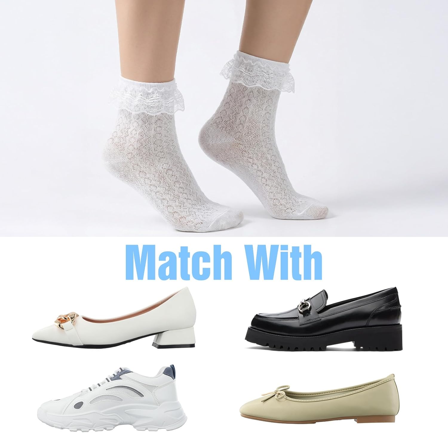 Nogeqi 2 Pairs White Ruffle Socks for Women, Breathable Cute Frilly Socks Women, Comfortable Cotton Lace Ankle Sock for Ladies Girl Princess Lolita