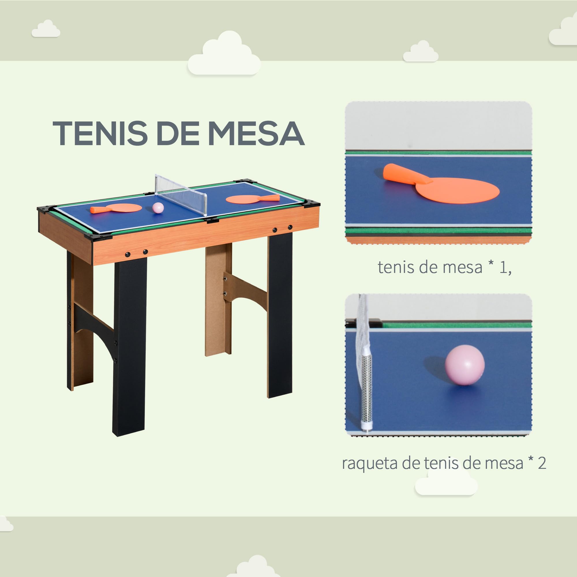 HOMCOM Mesa Multijuegos 4 en 1 para Niños +6 Años Mesa de Juego con Futbolines, Mesita de Billar y Ping-Pong 92x78x80 cm Natural y Negro