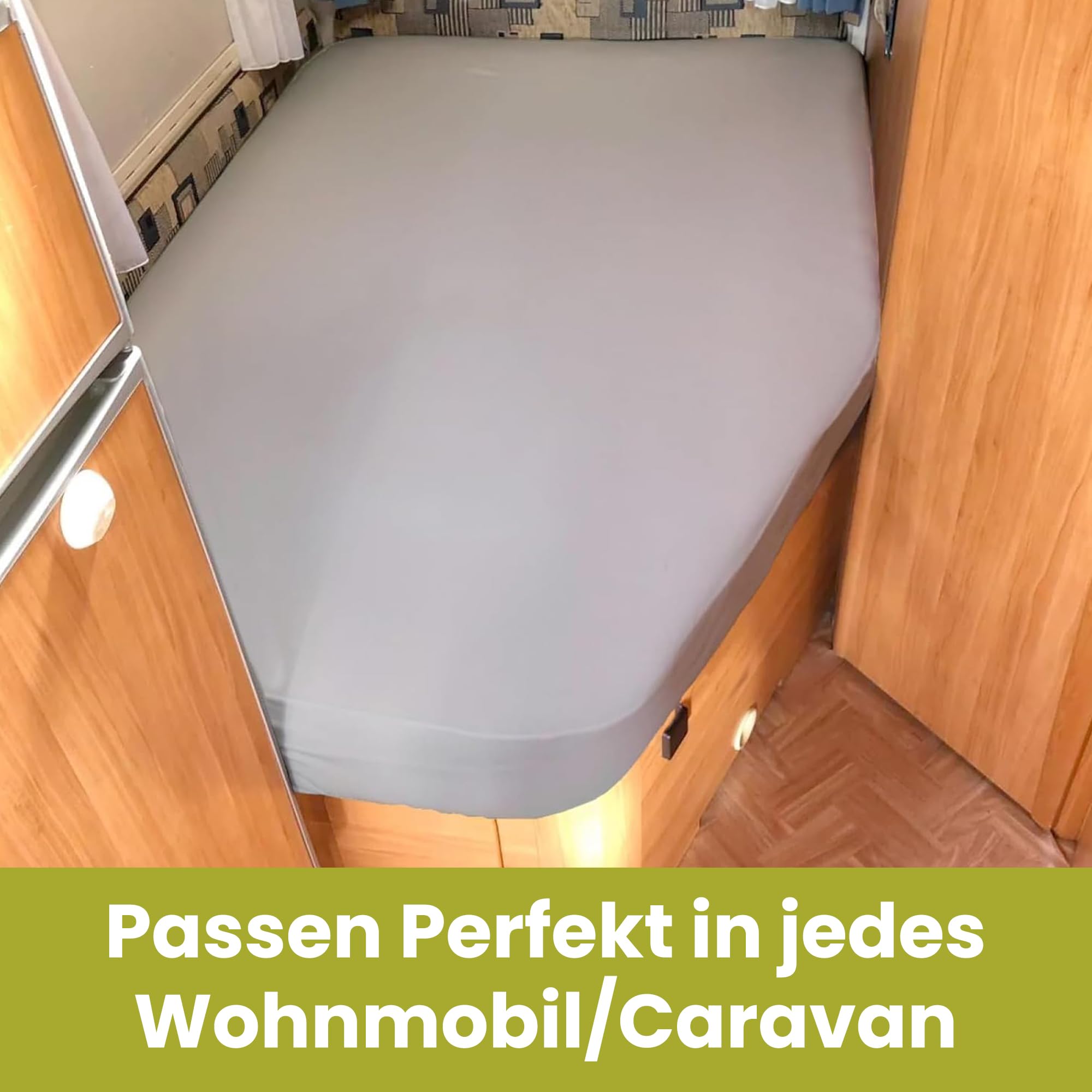 Spannbettlaken Wohnmobil 4er Set- 2 Spannbettlaken Grau + 2 Molton - französische Bettwäsche - für Matratze Wohnmobil- Oeko-TEX - Rechts