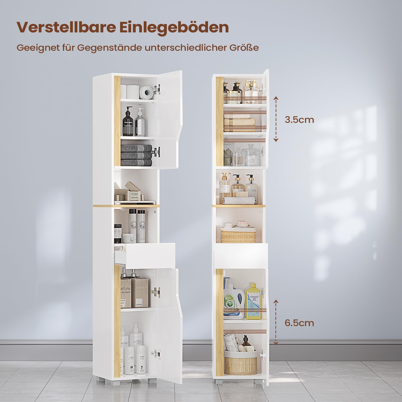 Badezimmerschrank, Hochschrank Badezimmer mit Schublade, verstellbare Ablagen, 2 offenen Fächern, platzsparender Badschrank, Badmöbel, für Wohnzimmer, Küche und Bad, Weiß, 30 x 30 x 180 cm