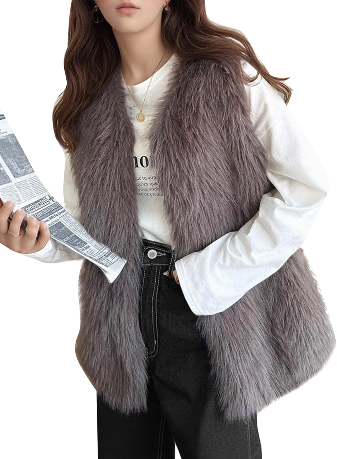 Flygo Faux Fur Vest Women Sleeveless Faux Fur Jacket Furry Open Front Cardigan Top Fluffy Winter Vest Outerwear