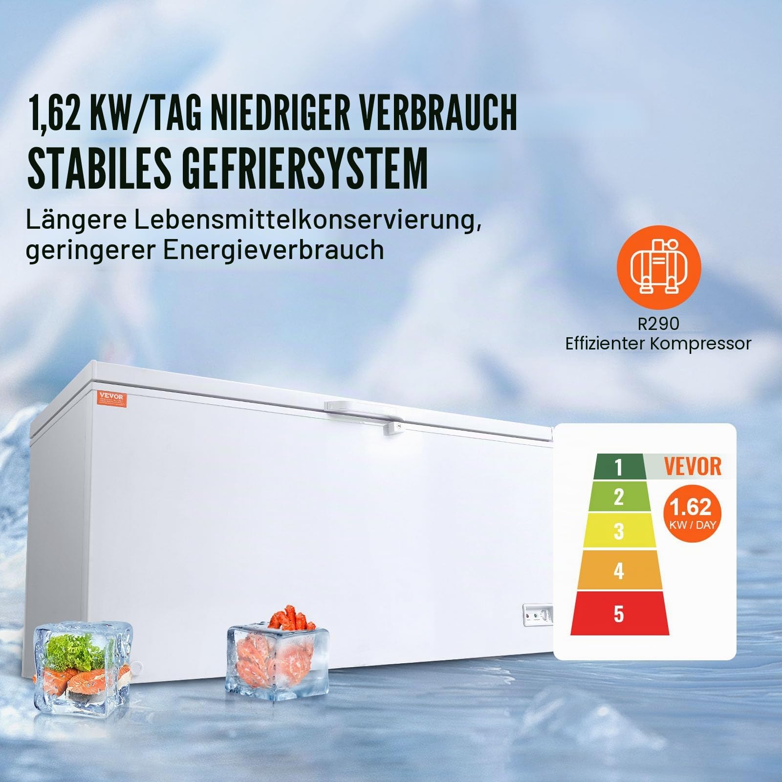 VEVOR Gefriertruhe, 488 L Tiefkühltruhe & 4 Herausnehmbare Körbe, Freistehende Gewerbliche Gefriertruhe mit Offener Tür von Oben & Verschließbarem Deckel, 7-stufig Einstellbare Temperatur