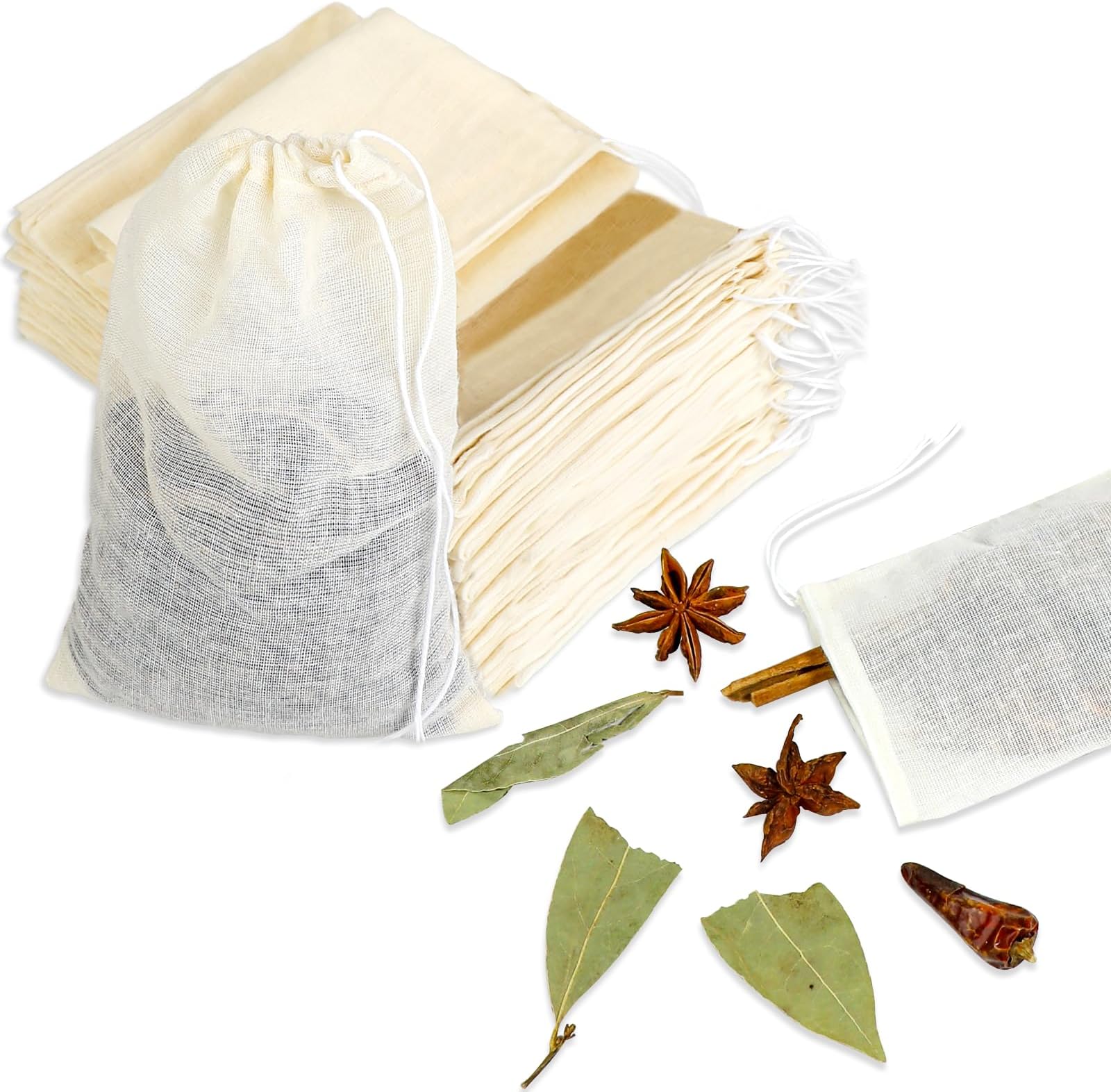 Mozeat Lens Spice Bags for Cooking, 30PCS Muslin Drawstring Soap Bags Reusable Empty Tea Bags for Loose Tea Sachet Bags Cheese Cloth Bags for Straining 3x4 Inch