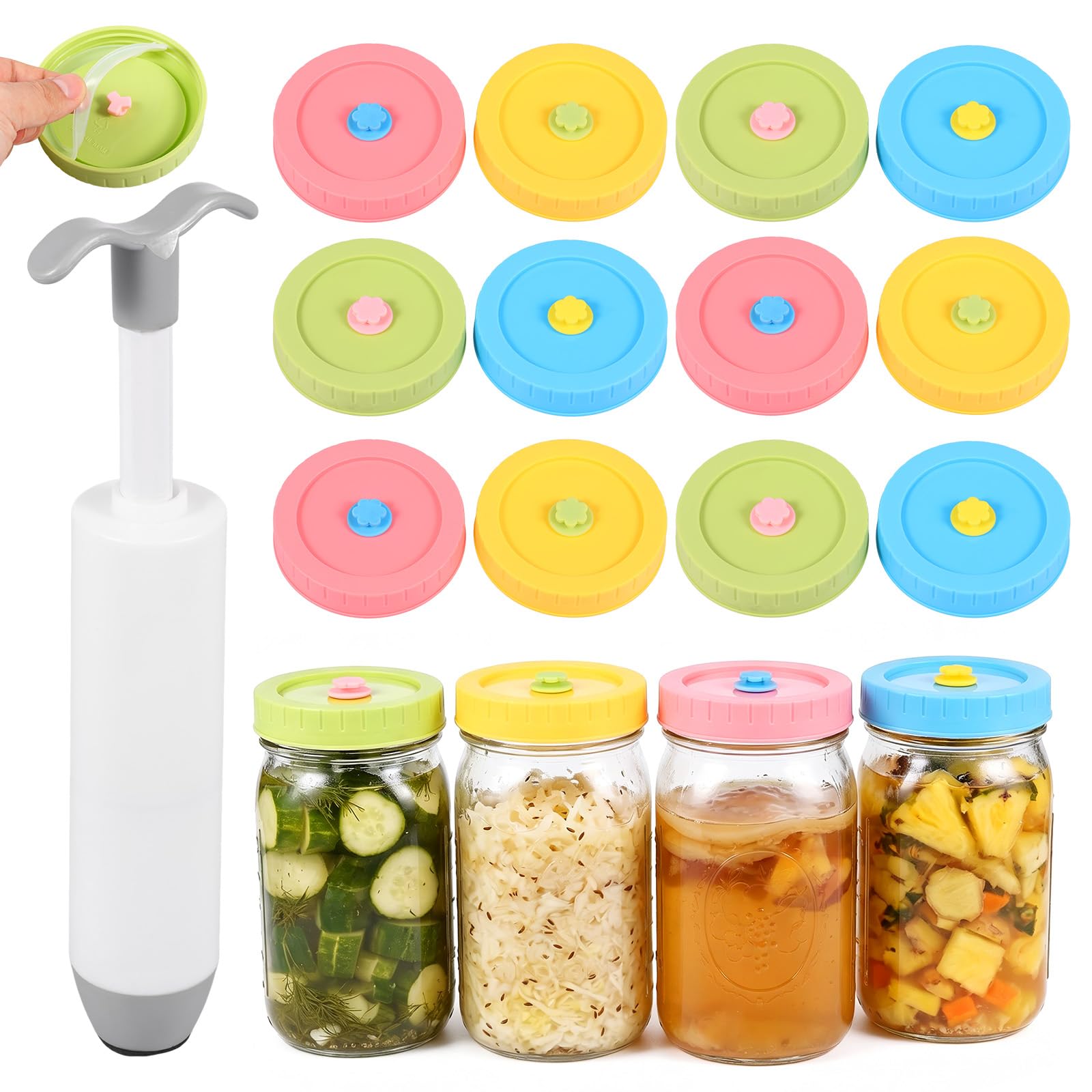 CBWERBB 12 Pack Wide Mouth Fermentation Lids,9cm Fermenting Lids for Mason Jars with 1 Oxygen Extraction Pump,Home Fermentation Kit for Sauerkraut Kimchi Pickle and Fermented Vegetable