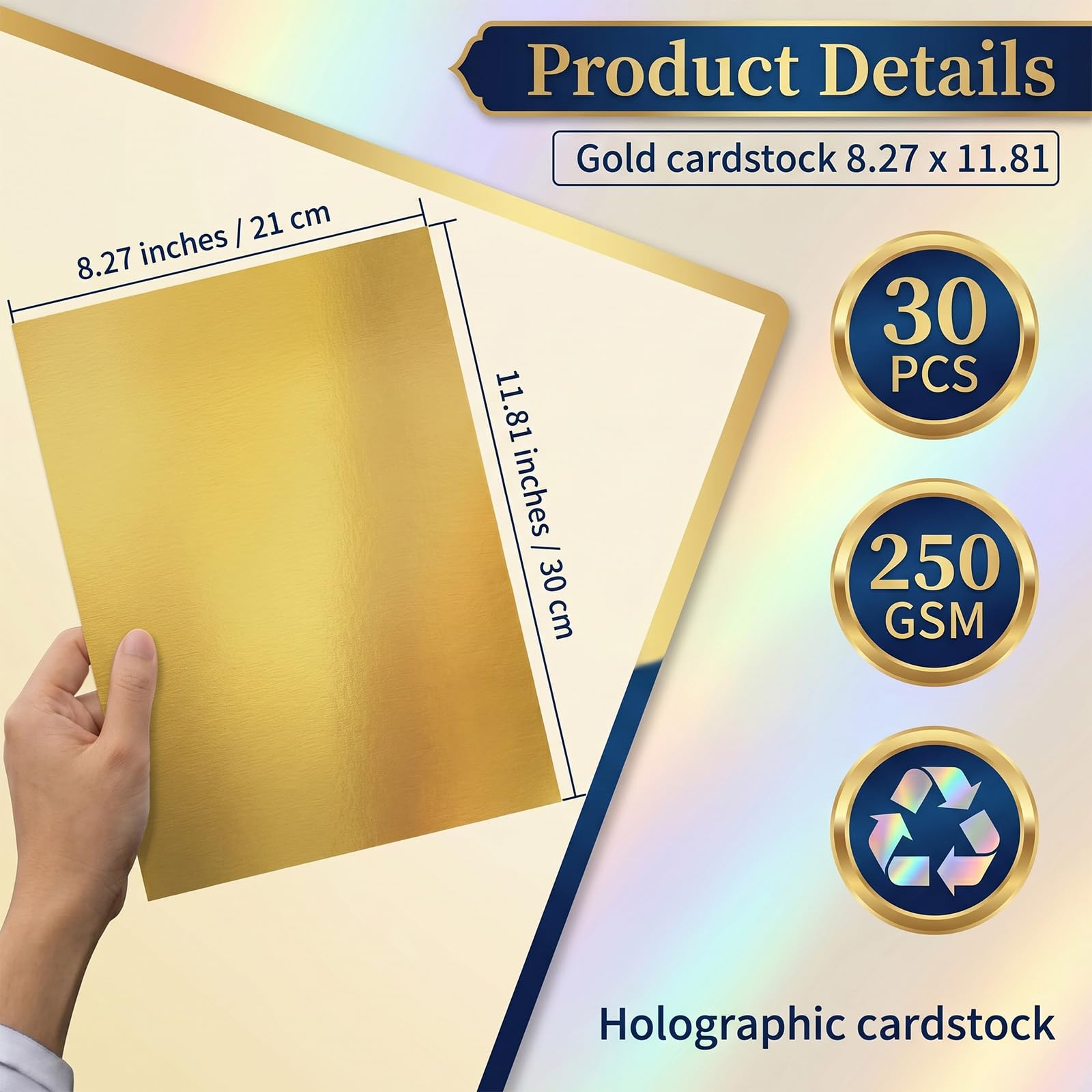 Błyszczący papier do majsterkowania, 30 arkuszy złotego papieru do majsterkowania, A4, 250 g, karton do majsterkowania A4 – lustrzany złoty papier 210 x 297 mm, do kart, scrapbookingu, projektów DIY i