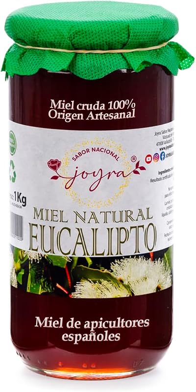Miel Cruda, 100% MIel Pura de Abeja. Natural y Artesanal. 27 Variedades de sabores, APICULTURA ESPAÑOLA. Sin Pasteurizar, conservan Polen, Enzimas y Antioxidantes. (1 KG, Miel de Eucalipto)