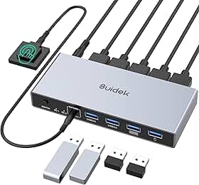 SUIDEK Displayport KVM Switch 2 computadores, 1 monitor, 8K @60Hz 4K @144Hz USB 3.0 DP KVM Switches para dois computadores compartilham uma tela com 4 portas USB, inclui controlador de mesa e
