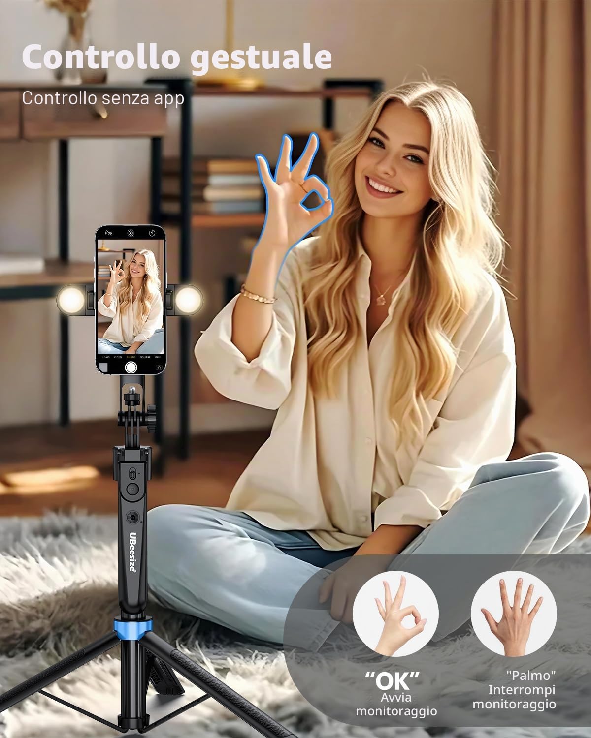 UBeesize Cellulare Gimbal Rotazione 360° Selfie Stick con Telecomando Automatico Face Detection Treppiede per Smartphone Luce YouTube Tiktok Live Streaming Vlog