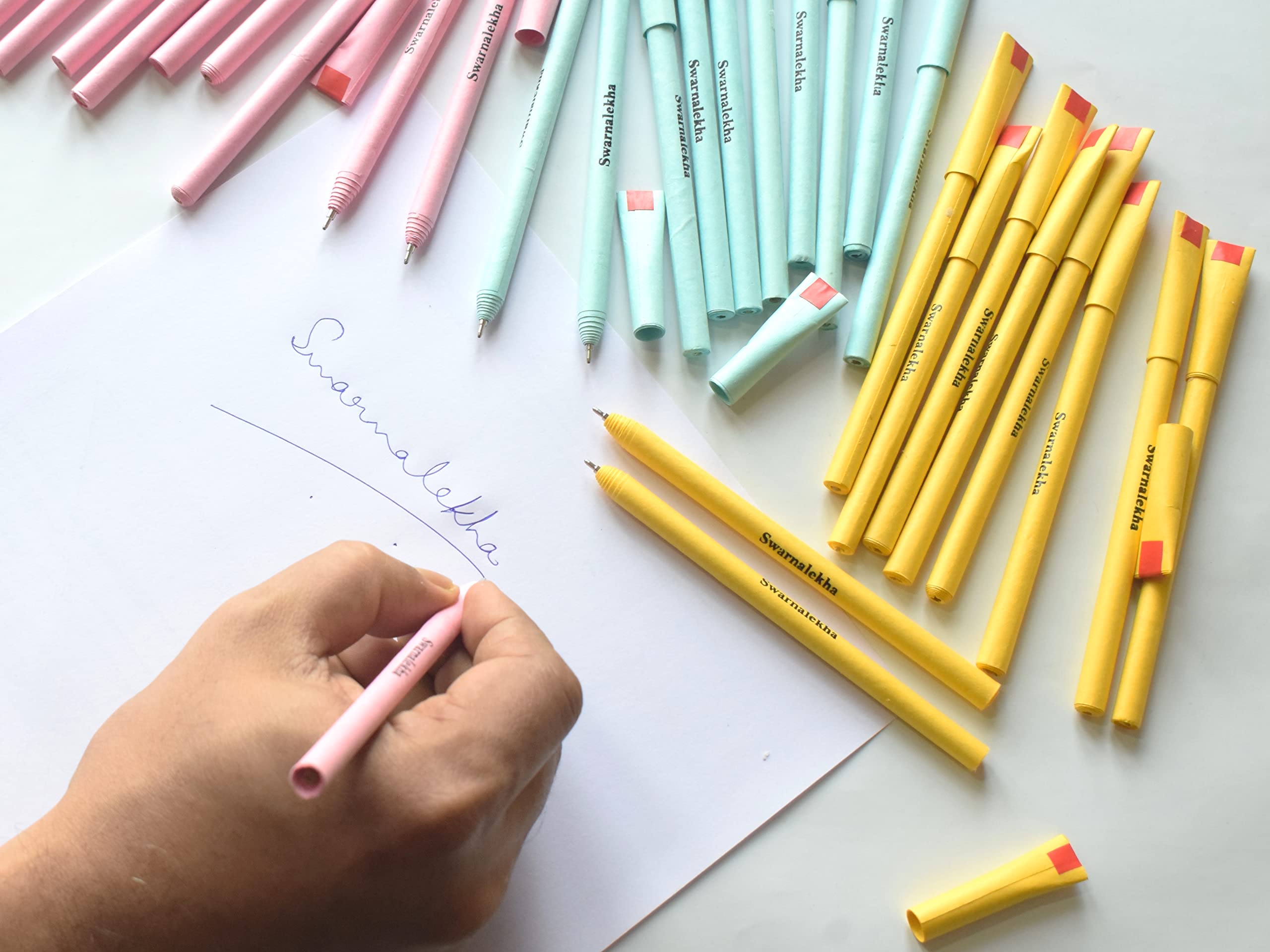 Swarnalekha® 100 Handmade Eco-Friendly Paper Pen 98% Recycled Plantable Seed Pens Direct Fill Blue ink DF Ball Pens Set (Pack of 100 Pen)