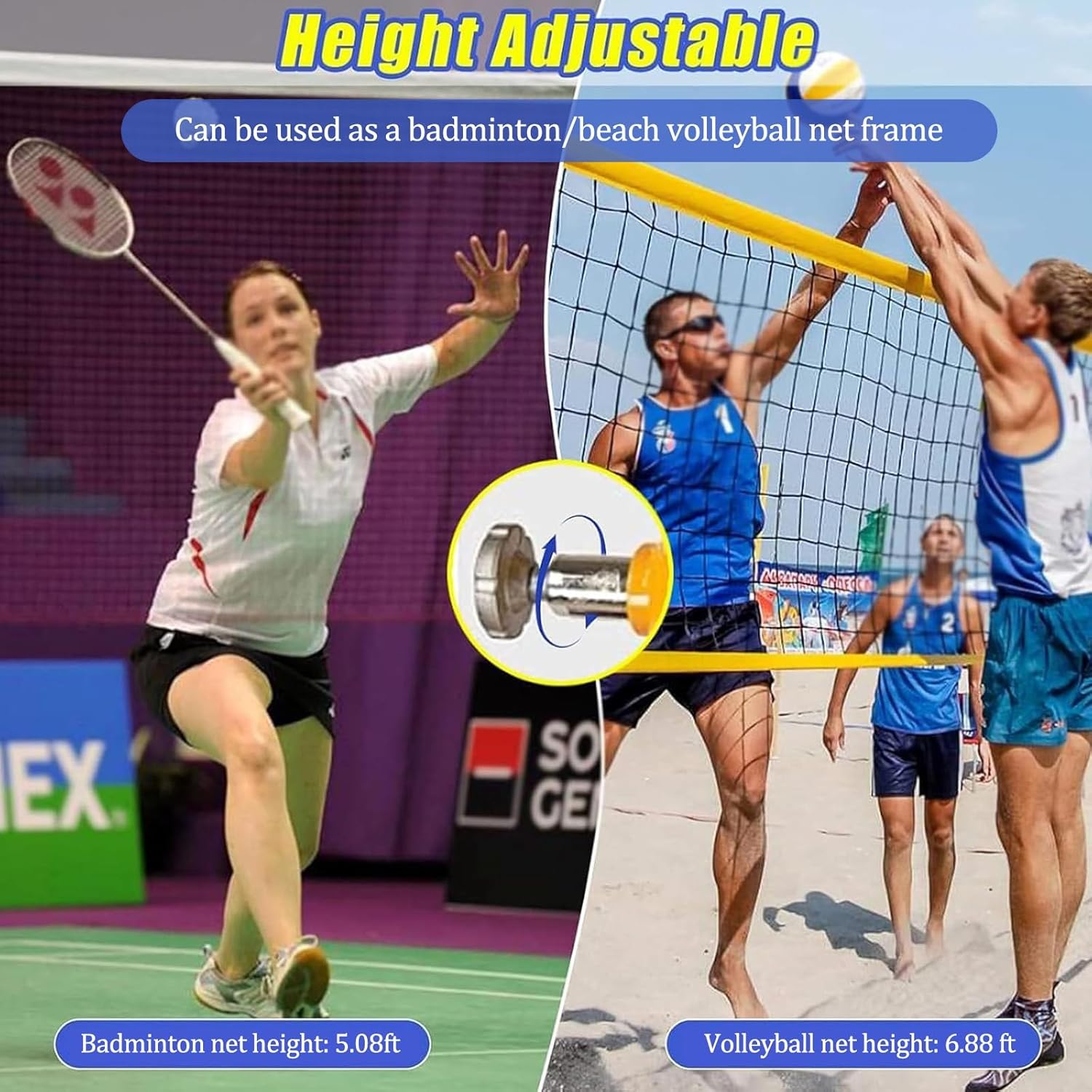 HARELA Badminton/Volleyball Poles for Backyard, with Volleyball Net/Badminton Net, Adjustable 4 Heights of 5.1ft-6.9ft with Wheels, for Adults Kids Stadium