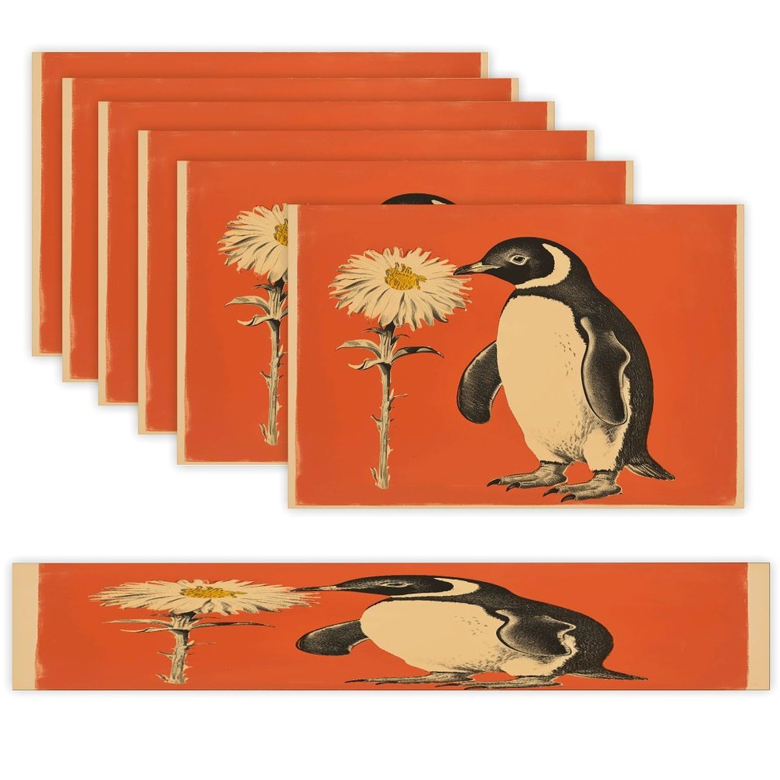 A Flower and Penguin Table Runner and Placemats Set of 6 Wipe Clean Heat Resistant Table Mat with Table Runner Decorations Flax Linen Place Mat Set for Home Kitchen Party Supplies