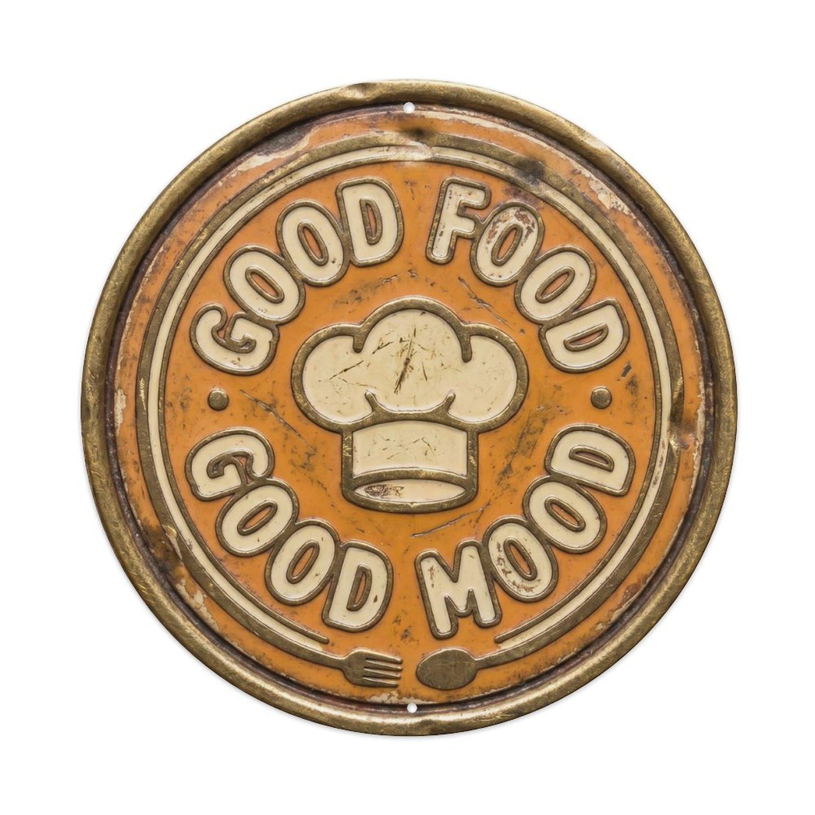 Cmhok Vintage Style Good Food Good Mood Nostalgic Kitchen Display Retro Slogans Metal Tin Sign Plaque Wall Decor For Cafe, Club, Garden Round Metal Poster 8X8inch
