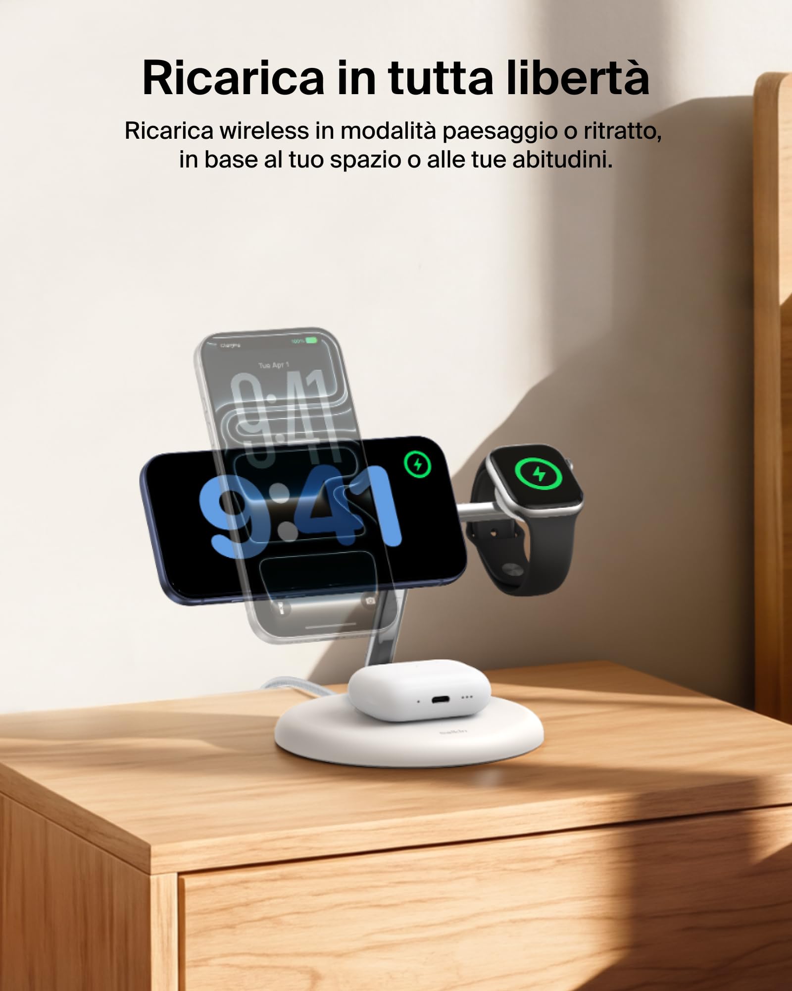 Belkin UltraCharge Caricatore Wireless Qi2.2 25W 3 in 1 - Bianco | Caricatore Wireless Magnetico MagSafe, Certificato Qi2.2 per iPhone, Apple Watch, Auricolari, Cavo USB-C e Alimentatore 45W