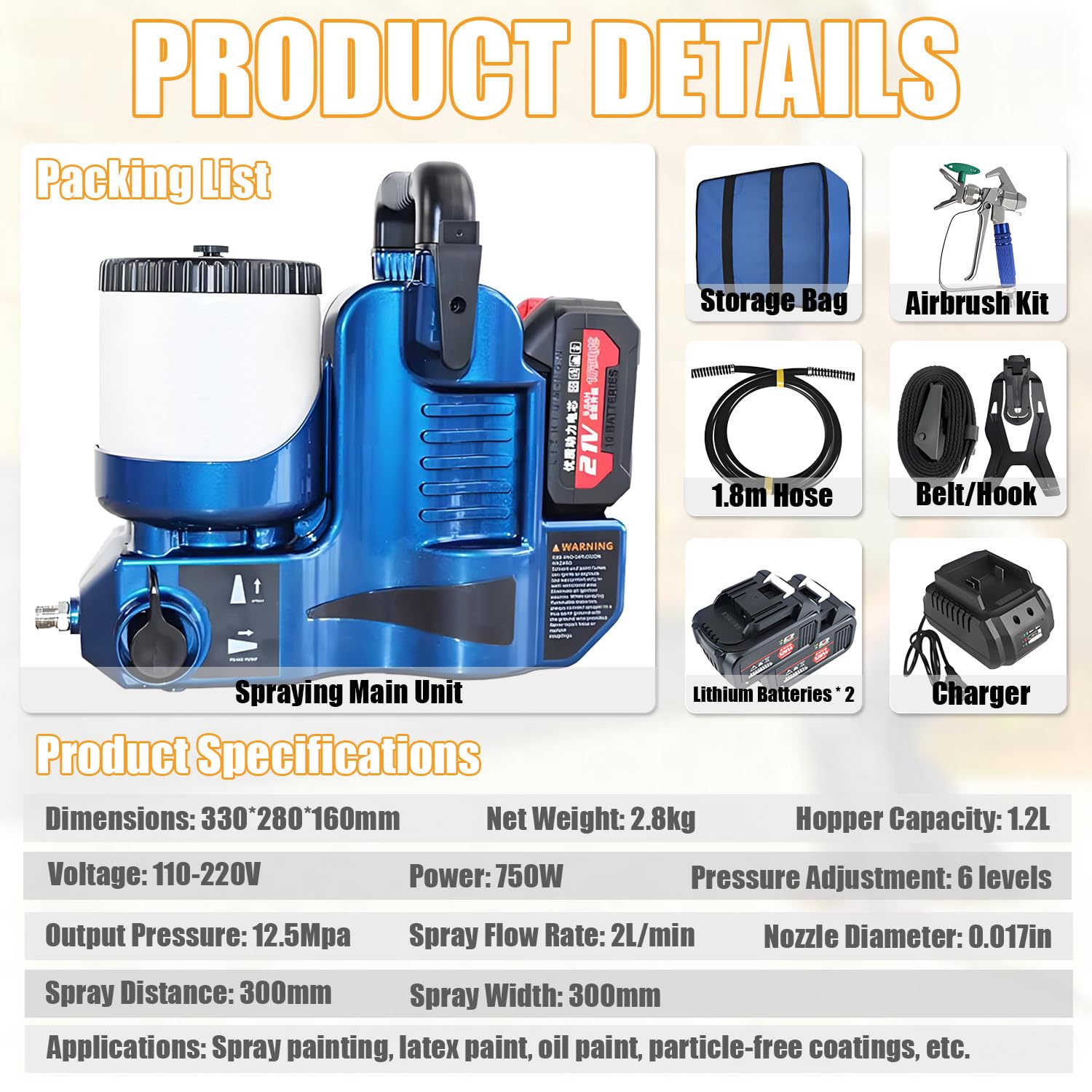 Pistola De Pintura Electrica 750 W, Maquina De Pintura Airless 1,2 L, 12,5 Mpa, Presión Ajustable En 6 Niveles, con 2 Baterías De 21 V Y Manguera De 1,80 M, 2 L/Min, para Paredes, Vallas