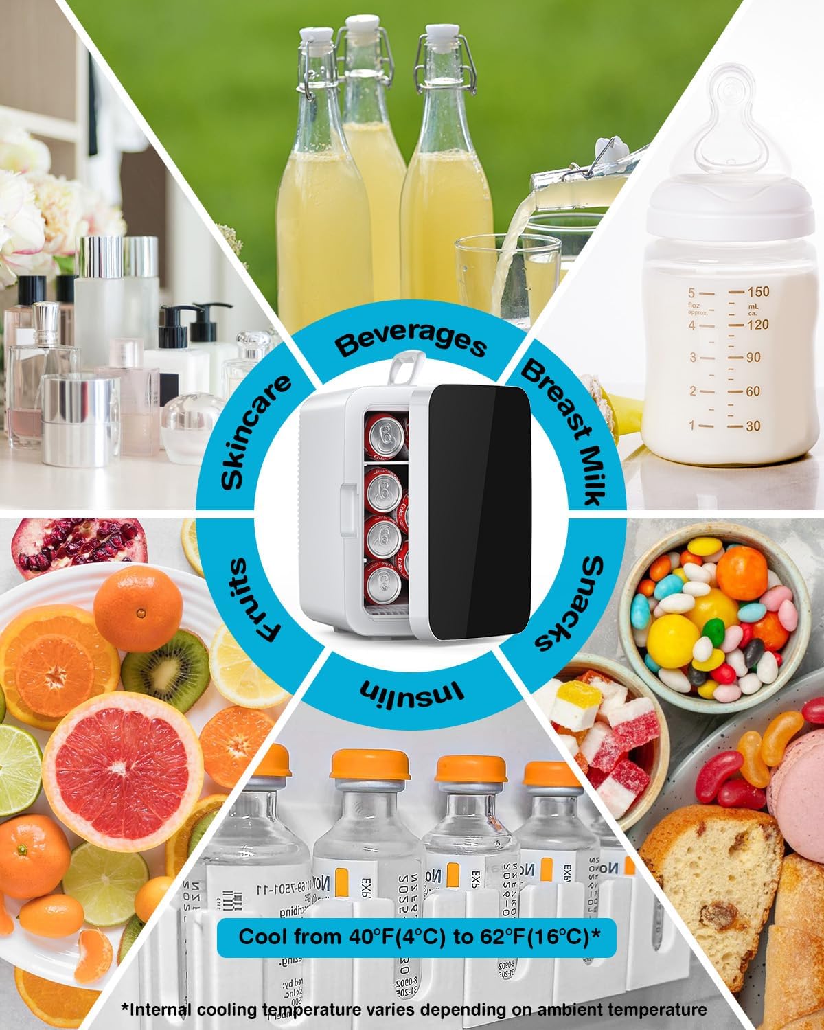 10L Compact Mini Fridge, Portable Small Refrigerator, Small Cosmetics Cooler, 2.6 Gal Mini Fridge with AC/DC Adapters for Beverage, Food, Makeup, Bedroom, Office, Dorm, White