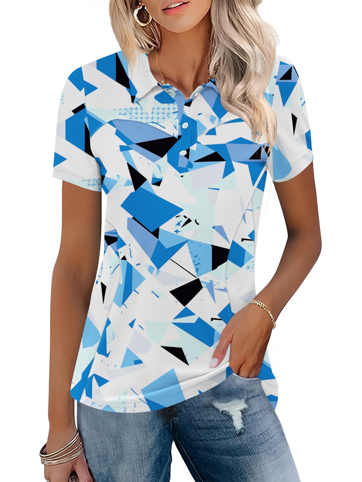 TFSDOD Womens Golf Polo Shirts Collared Short Sleeve T Shirt Lightweight Moisture Wicking Polo Casual 3 Buttons Outfits