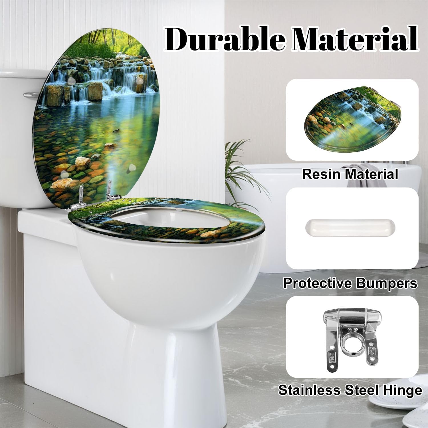 Round Toilet Seat Waterfall Landscape Nature Green Trees Rivers Spring Tropic Forest Resin Toilet Seat Slow Quiet Close Lid with Quick-Release Hinges Cover Bumpers Easy to Clean Install