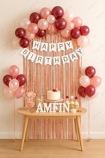 AMFIN (Pack of 34) Backdrop Bliss Birthday Decoration DIY Kit with Balloons, Fringe Curtain and Banner - White, Rose Gold...