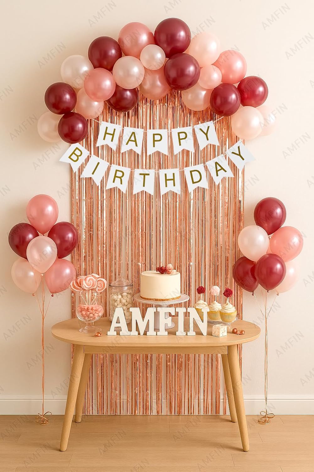 AMFIN (Pack of 34) Backdrop Bliss Birthday Decoration DIY Kit with Balloons, Fringe Curtain and Banner - White, Rose Gold...