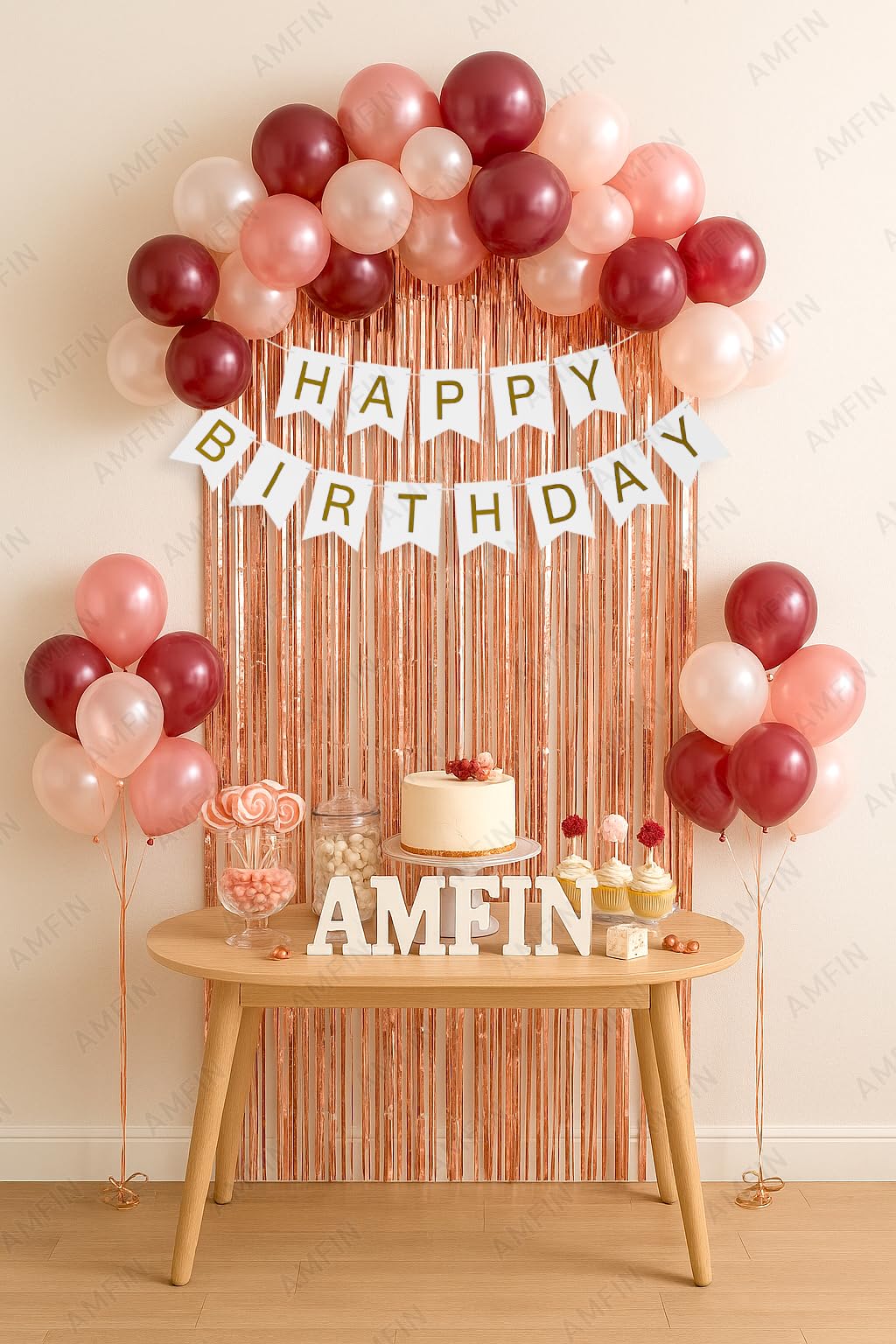 AMFIN (Pack of 34) Backdrop Bliss Birthday Decoration DIY Kit with Balloons, Fringe Curtain and Banner - White, Rose Gold & Burgundy-picture-12