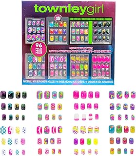 Townley Girl 96 Pcs Press-On Nails Including 3D and Glow-In-Dark Artificial False Nails Set for Tweens with Pre-Glue Full Cover Acrylic Nail Tip Kit, Great for Gifts, Parties, Sleepovers and Makeovers