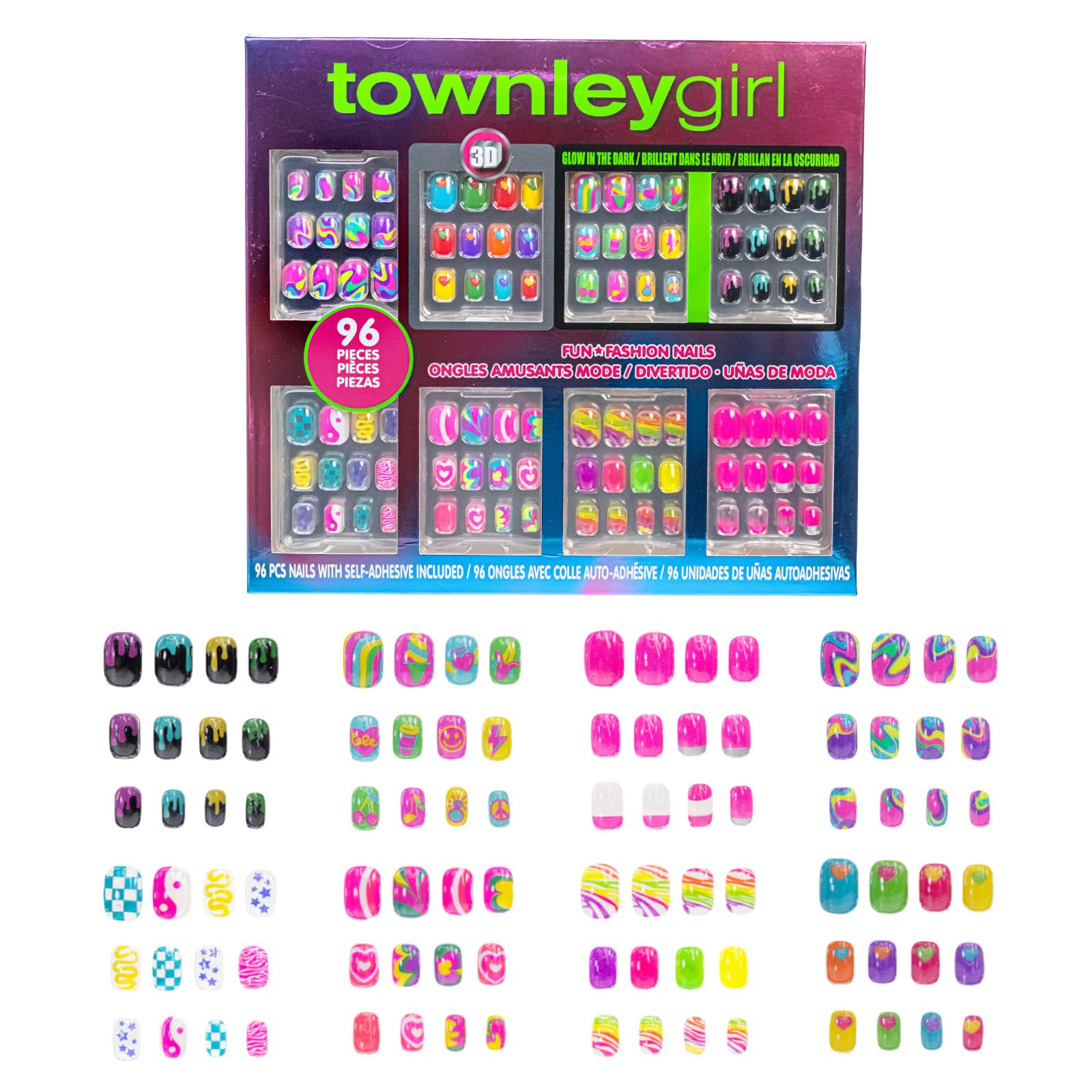 Townley Girl 96 Pcs Press-On Nails Including 3D and Glow-In-Dark Artificial False Nails Set for Tweens with Pre-Glue Full Cover Acrylic Nail Tip Kit,