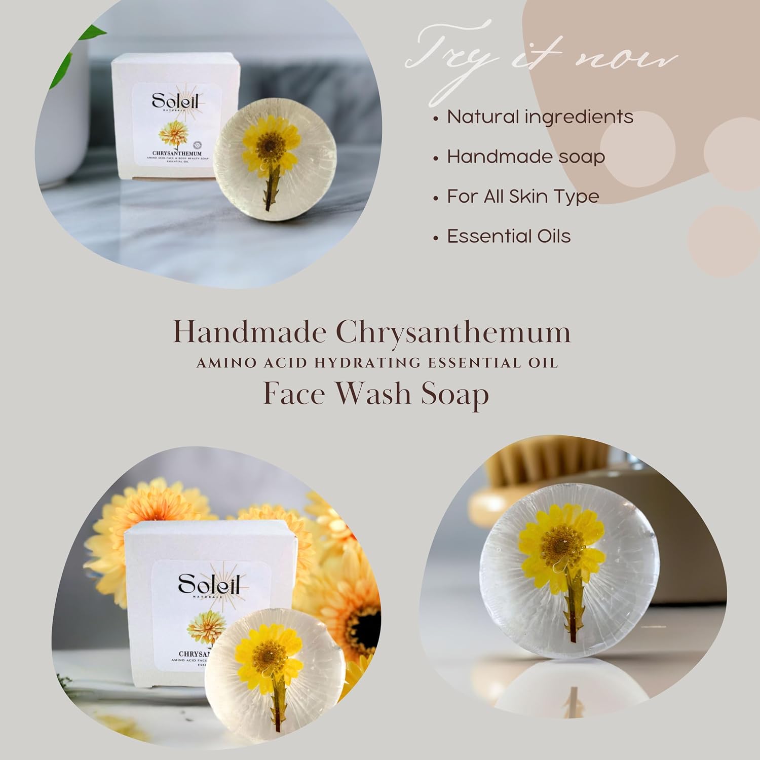 Handmade Chrysanthemum Flowering Plant Soap with Essential Oils, Collagen, Amino Acid Face and Body Beauty Bar image 3