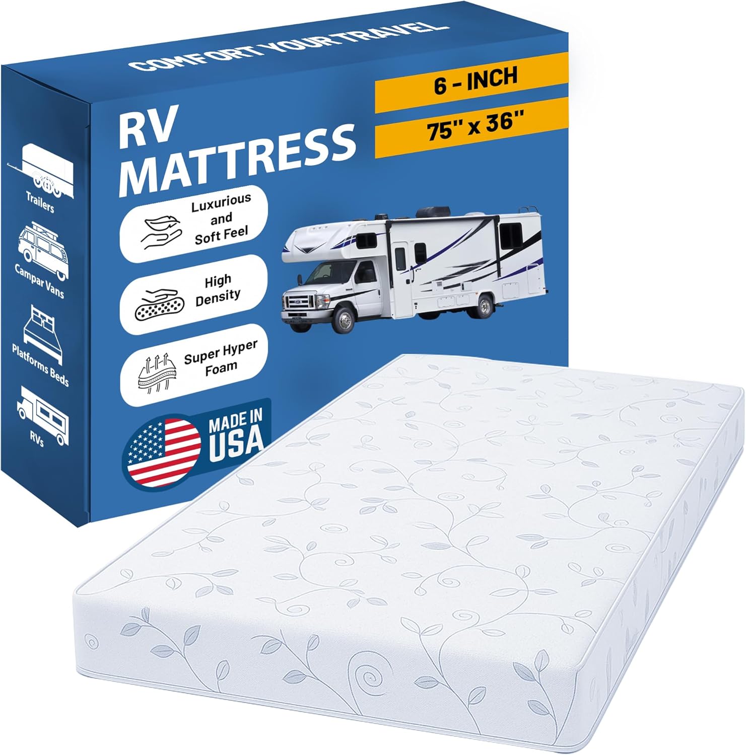 Greaton, 6-Inch High-Density Foam RV Mattress Replacement, Medium Firm, Good for Trailers, Camper Vans, Sofa Bed and Other Furniture Application, 75" x 36", White
