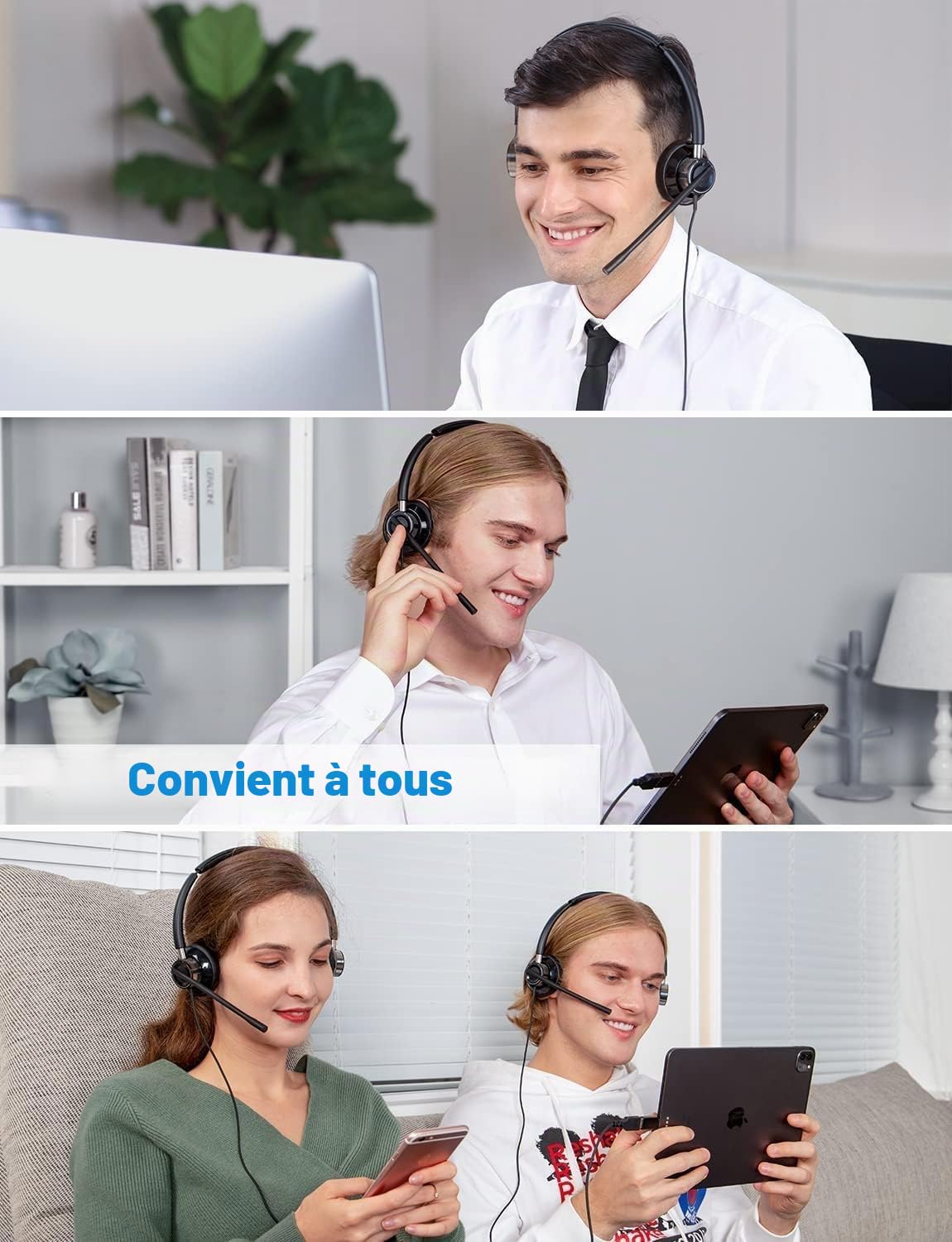 New Bee Casque PC avec Micro, Casque Audio Filaire, Casque USB/Type-C/3,5 mm Stéréo écouteur d'écoute Oreillette Professionnelle pour Webinaire Skype Chat Cours en Ligne et Musique(1 pièce)