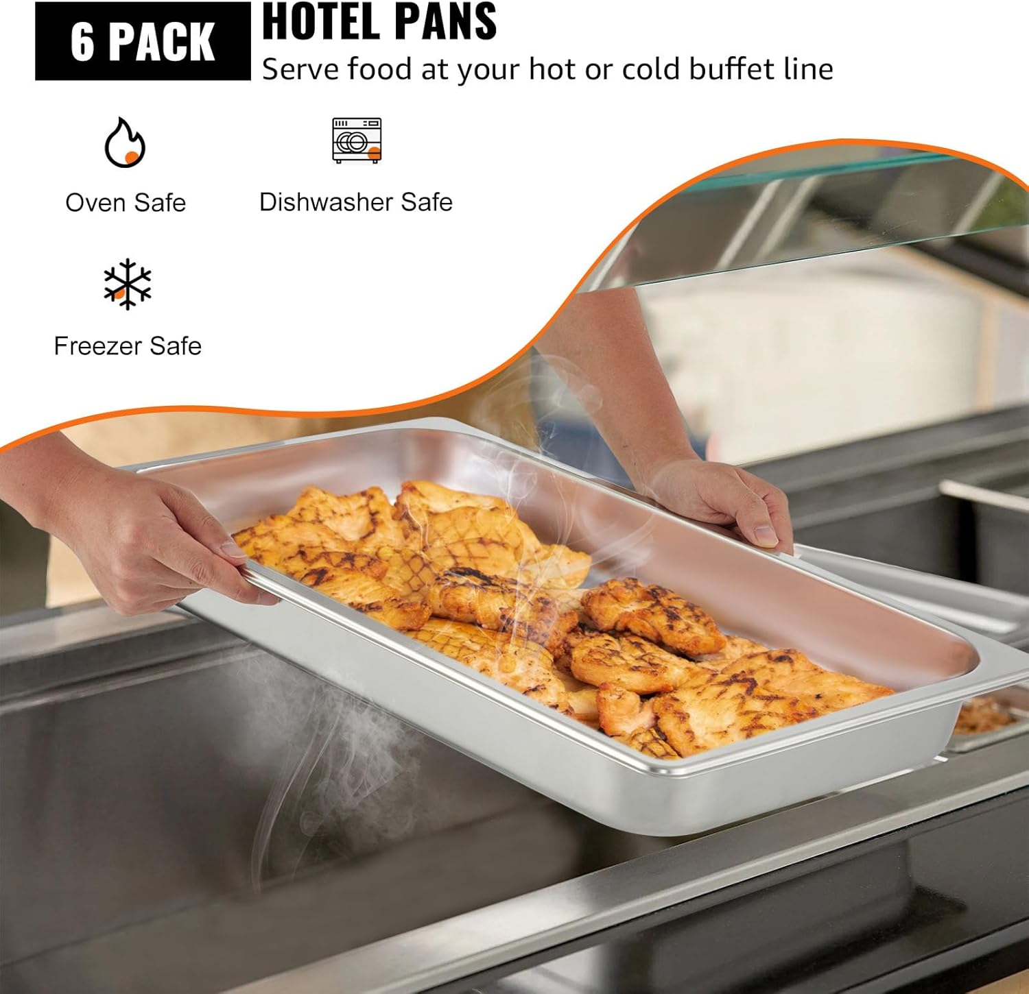 VEVOR Hotel Pans Full Size 2.5 Inch Deep, Steam Table Pans 6 Pack,0.8mm Thick Stainless Steel Hotel Pan Anti Jam Steam Table Pan, for Home, Party, Restaurant, Hotel, Buffet
