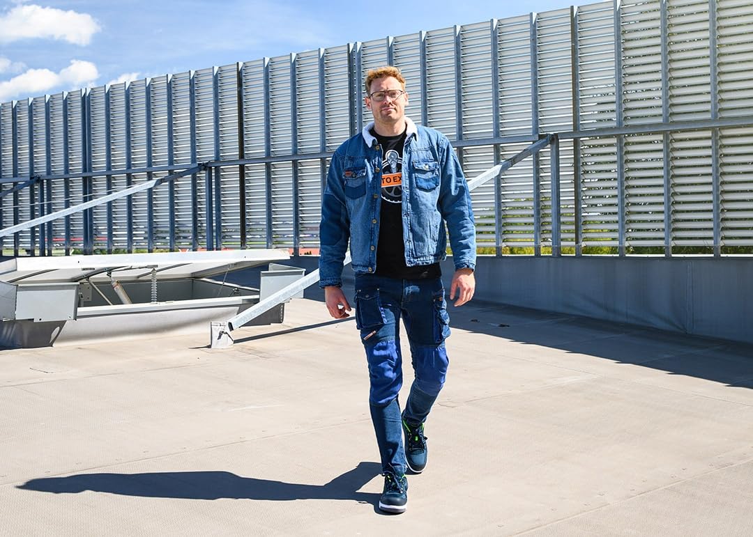 NEO TOOLS Pantaloni da lavoro in denim, da uomo con cintura, tessuto Oxford, tasca per ginocchiere, resistenti e universali, da lavoro, multi tasche, jeans da lavoro stretch