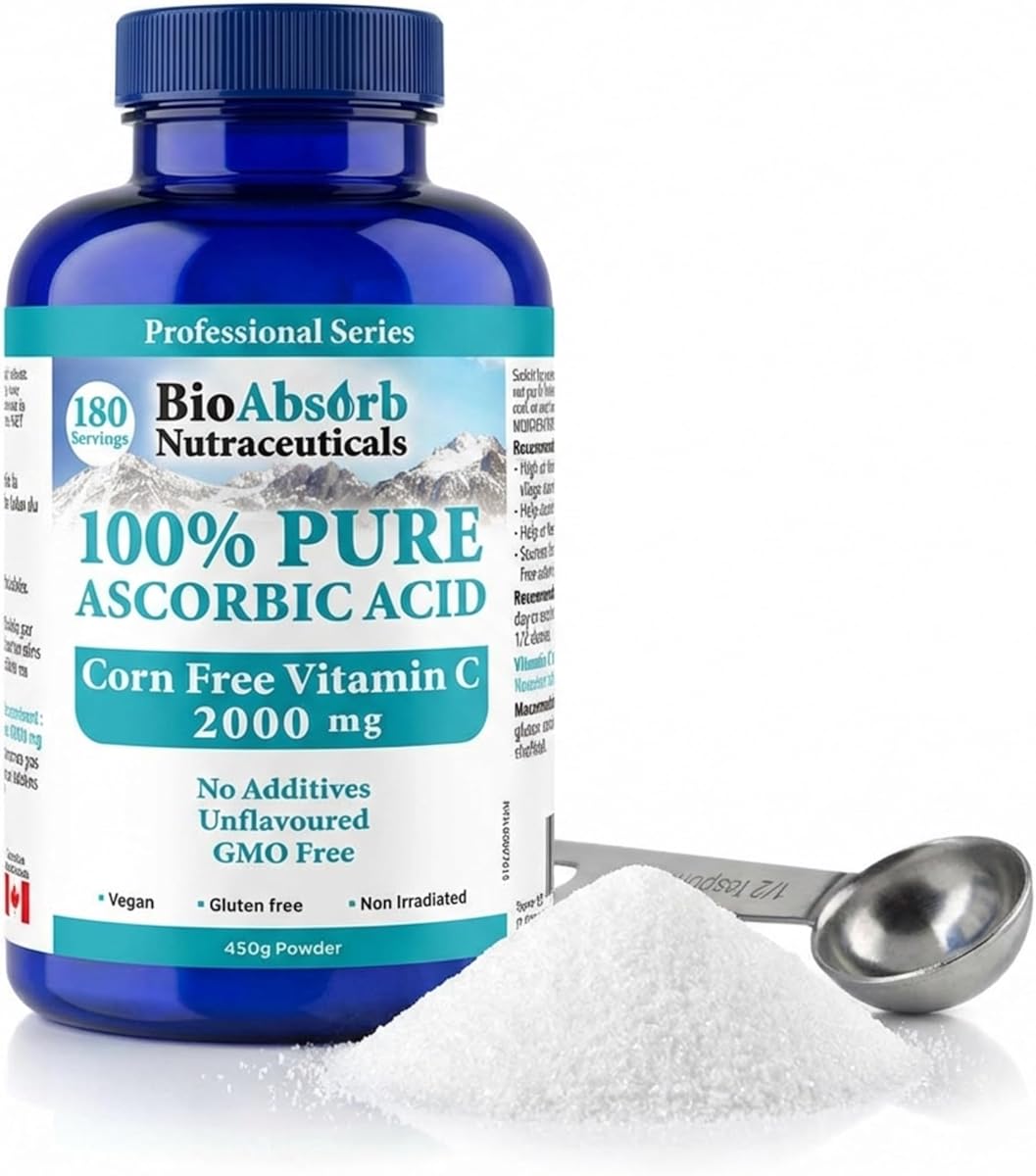 Bio Absorb Nutraceuticals Vitamin C Powder 2000 mg. 100% Pure Ascorbic Acid Crystals. 180-Day Supply, 450 g, Non-GMO, Corn-Free, Unflavoured