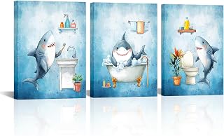 Kalormore Shark Bathroom Wall Art Set of 3, Canvas Prints for Kids and Coastal Decor, Ready to Hang (Blue)