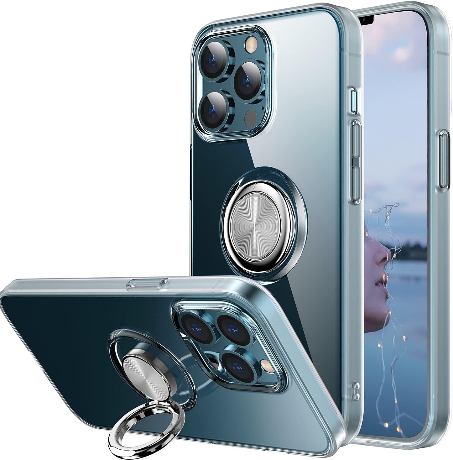 SQMCase Case for iPhone 13 Pro, Clear Body Soft TPU Shockproof Case with 360 Degree Rotation Ring Kickstand(Work with Magnetic Car Mount) for iPhone 13 Pro 6.1 inch, Clear