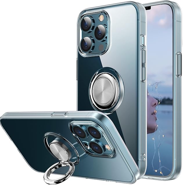Case for iPhone 13 Pro, Clear Body Soft TPU Shockproof Case with 360 Degree Rotation Ring Kickstand for iPhone 13 Pro 6.1 inch (Clear)