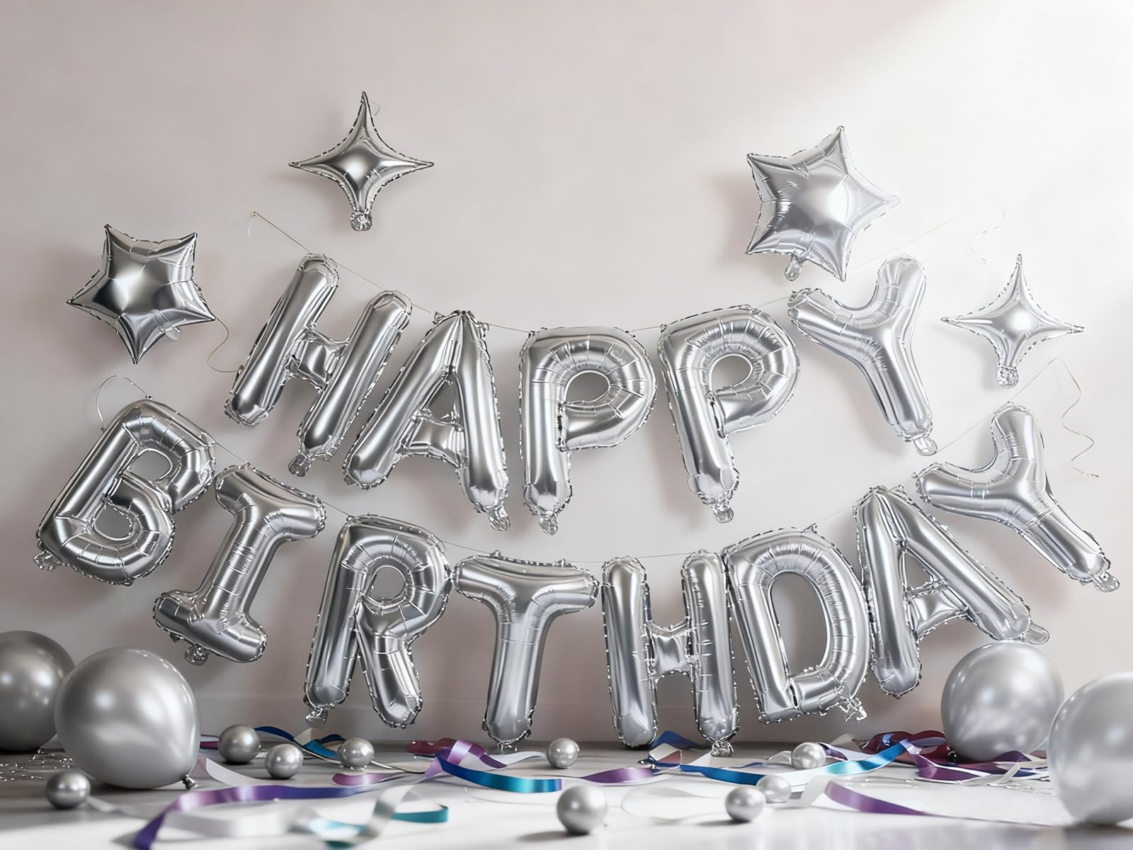 Silver Happy Birthday Banner Balloon Aluminum Foil 16 Inch Letter,10 Inch Five Pointed Star Four Pointed Star Suitable for Kids, Men, Women, Boys and Girls Party Decoration Supplies