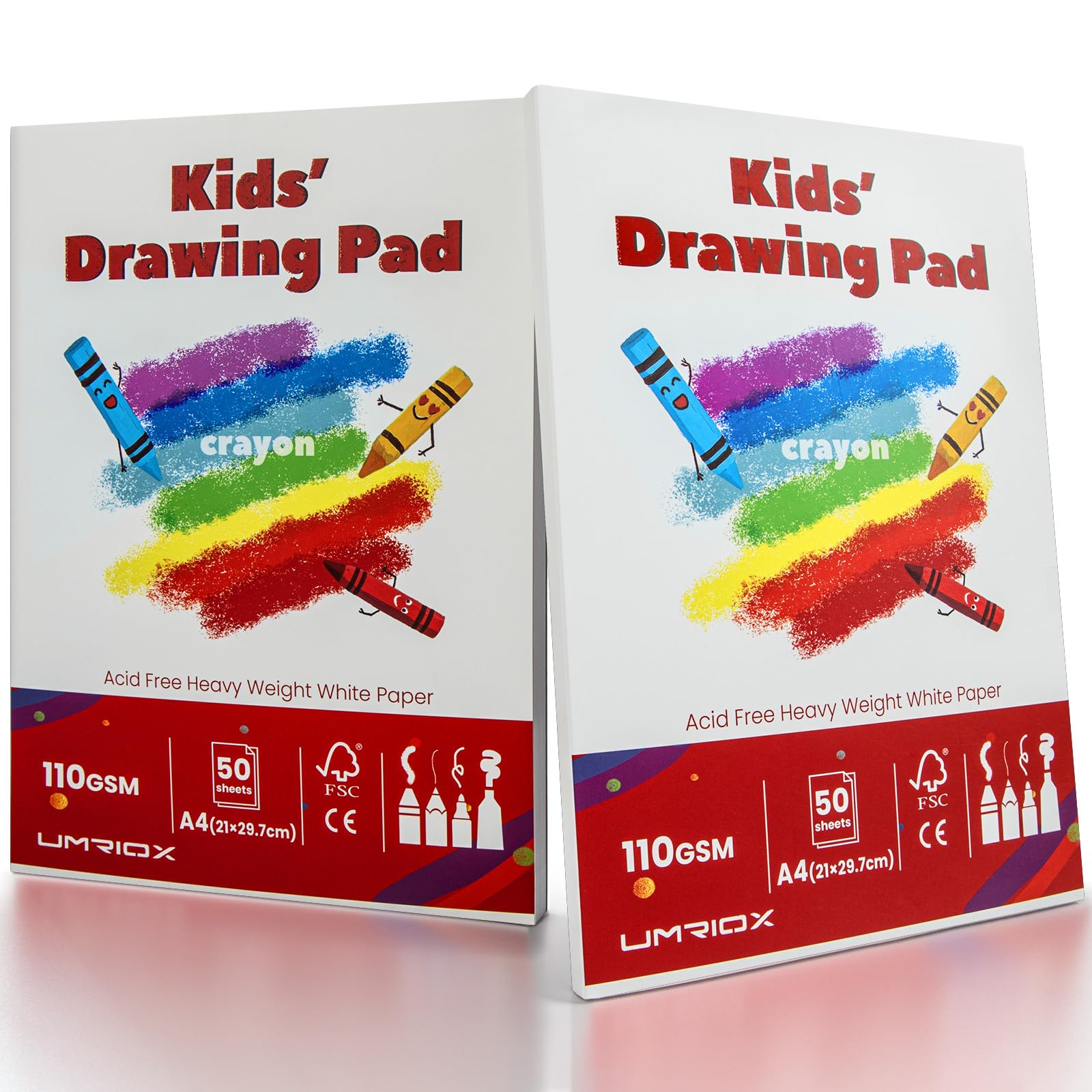 Umriox 2 Packs Drawing Pads for Kids,50 Sheets 110gsm Acid Free Drawing Pages A4 Drawing Paper,Total 100 Sheets Glue-Bound Art Sketchbook Painting Writing Sketching Pad for Kids