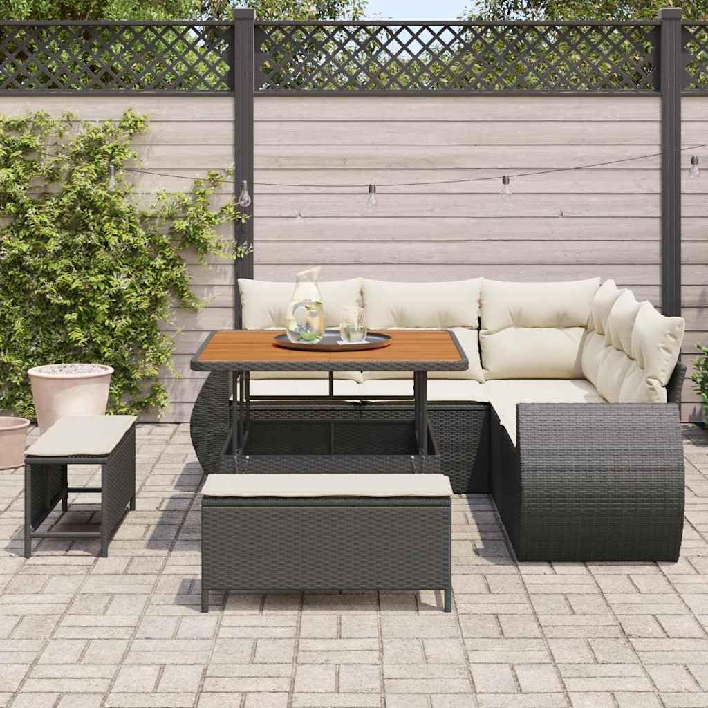 Set Divano da Giardino 8 Pezzi Nero e Crema Polyrattan Modulare con Tavolo Regolabile Ikea Outdoor per Terrazza Giardino Divano Angolare Resistente UV Impermeabile Cuscini 7 Esterno 8 Posti