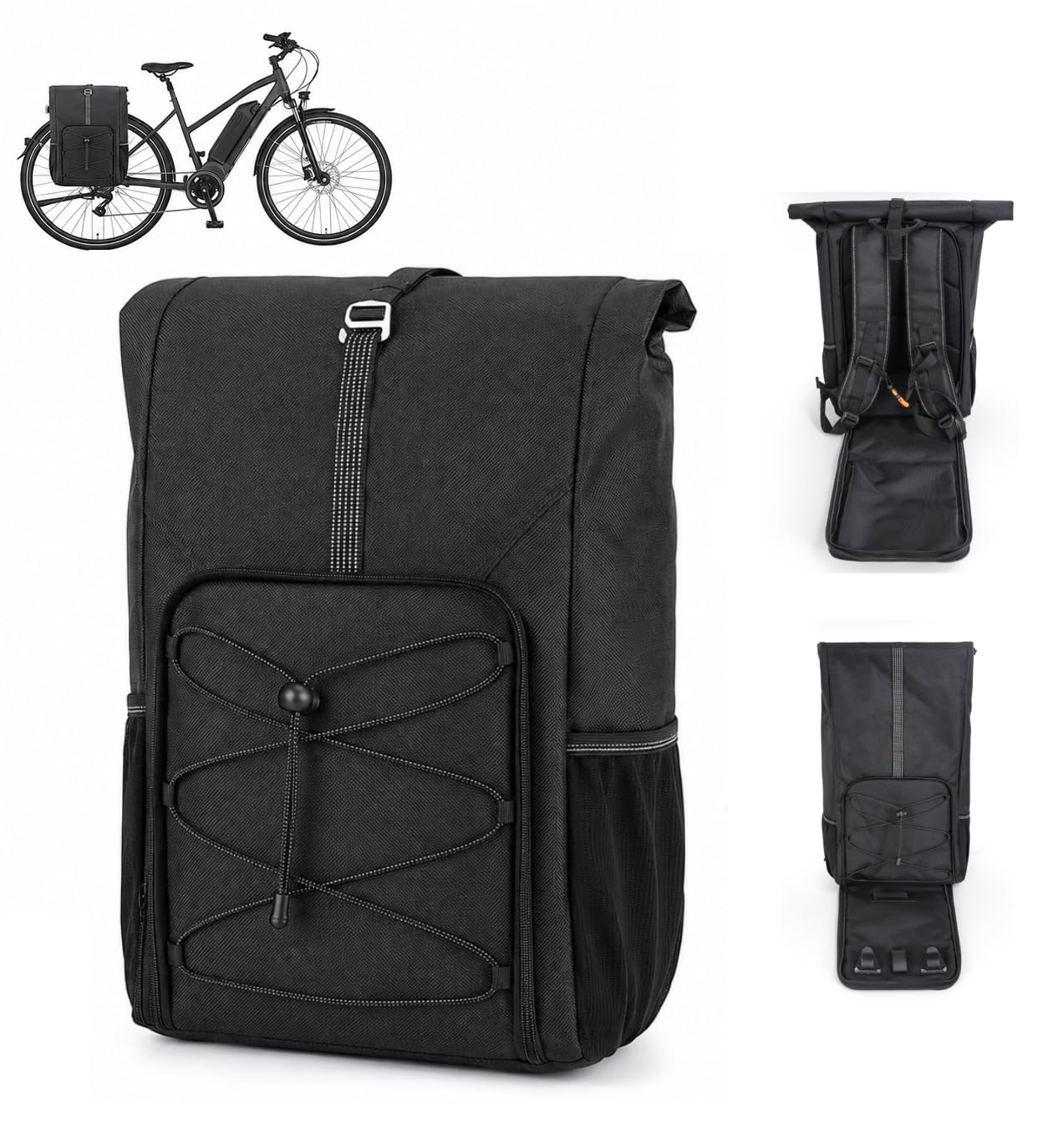 Alforja para bicicleta 2 en 1, portaequipajes y mochila, impermeable, con soporte de liberación rápida, para uso diario y excursiones (negro, 30 L)